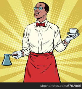 African American Barista made freshly ground coffee, pop art retro illustration