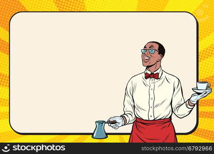 African American Barista made freshly ground coffee, pop art retro illustration. Billboard copy space background