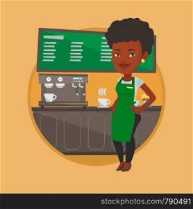 African-american barista working at coffee shop. Young barista sanding in front of coffee machine. Barista making a cup of coffee. Vector flat design illustration in the circle isolated on background.. Barista standing near coffee machine.