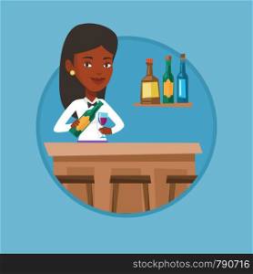 African-american bartender standing at the bar counter. Bartender with bottle and glass in hands. Bartender pouring wine in glass. Vector flat design illustration in the circle isolated on background.. Bartender standing at the bar counter.