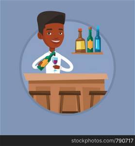 African-american bartender standing at the bar counter. Bartender with bottle and glass in hands. Bartender pouring wine in glass. Vector flat design illustration in the circle isolated on background.. Bartender standing at the bar counter.