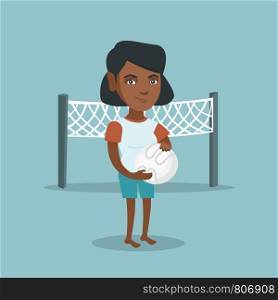 African-american beach volleyball player standing on the background of voleyball net. Full length of young sportswoman holding a volleyball ball in hands. Vector cartoon illustration. Square layout.. Young african-american beach volleyball player.