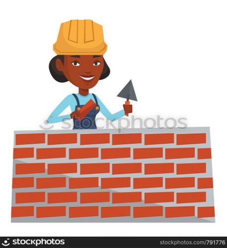 African-american bicklayer working with a spatula and a brick. Young confident bricklayer in uniform and hard hat. Bricklayer at work. Vector flat design illustration isolated on white background.. Bricklayer working with spatula and brick.