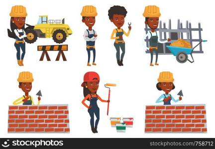 African-american bicklayer working with spatula and brick. Young confident bricklayer in uniform and hard hat. Bricklayer at work. Set of vector flat design illustrations isolated on white background.. Vector set of constructors and builders characters
