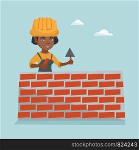 African-american bicklayer working with spatula at the construction site. Young female bricklayer in uniform and hard hat. Bricklayer building a brick wall. Vector cartoon illustration. Square layout.. Young african bricklayer building a brick wall.