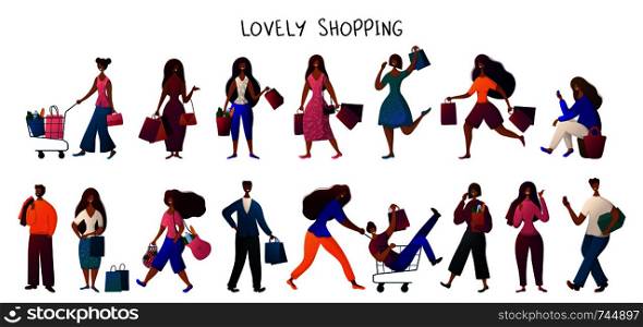 African American, black man and woman, with bags doing shopping. People carries shopping bags, seasonal sale in shop, market, store. Cartoon characters on white background. Vector, flat style.. People-Shopping-Concept