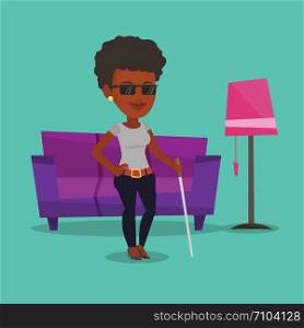 African-american blind woman standing with walking stick at home. Blind woman in dark glasses standing with cane at home. Blind woman walking with stick. Vector flat design illustration. Square layout. Blind woman with stick vector illustration.
