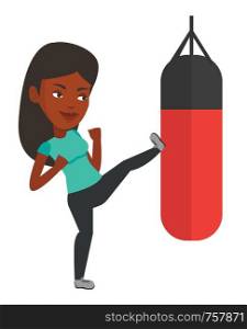 African-american boxer exercising with boxing bag. Female boxer hitting heavy bag during training. Young boxer training with the punch bag. Vector flat design illustration isolated on white background. Woman exercising with punching bag.