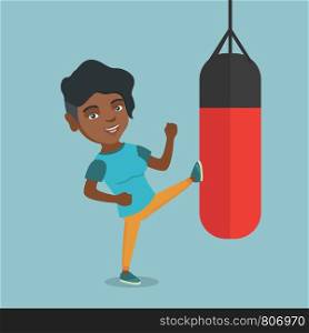 African-american boxer woman exercising with a boxing bag. Kickbox fighter hitting a heavy bag during training. Young boxer training with a punch bag. Vector cartoon illustration. Square layout.. Young african woman exercising with punching bag