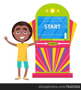 African American boy playing colorful retro arcades isolated on white. Start of video game. Old vintage playing device, retro game machine vector. Afro American Guy Start Playing Arcade Machine