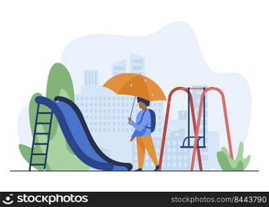 African American boy walking with umbrella on playground. Backpack, slide, cityscape flat vector illustration. Weather and childhood concept for banner, website design or landing web page