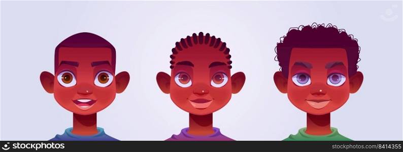 African american boys heads with different hairstyles. Cute male kids avatars, portraits of children with short hair, afro and dreadlocks, vector cartoon illustration. African american boys with different hairstyles