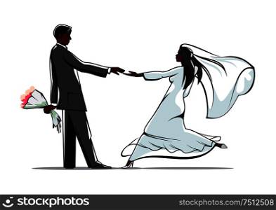 African american bride and groom in elegant wedding outfits joining hands. For marriage or wedding themes design. Happy bride and groom joining hands