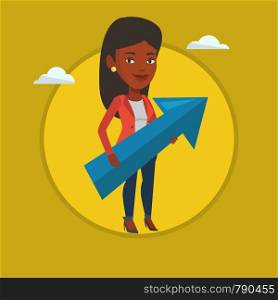African-american bsiness woman thinking about the strategy of business growth. Woman holding arrow representing business growth. Vector flat design illustration in the circle isolated on background.. Businesswoman aiming at business growth.