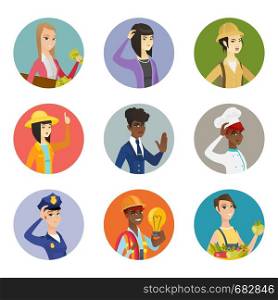 African-american builder holding idea light bulb. Builder having a creative idea. Set of different professions. Set of vector flat design illustrations in the circle isolated on white background.. Vector set of characters of different professions.