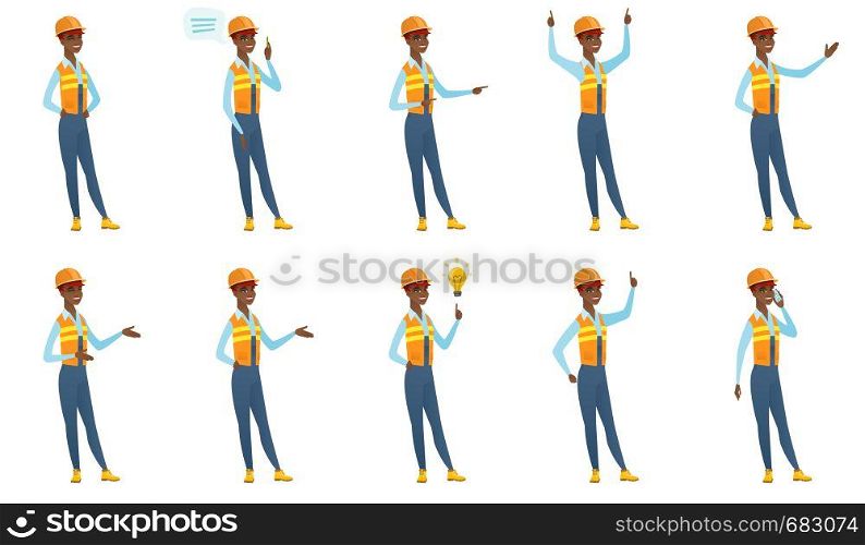 African-american builder in hard hat talking on cell phone. Young smiling builder talking on cell phone. Builder using cell phone. Set of vector flat design illustrations isolated on white background.. Vector set of builder characters.