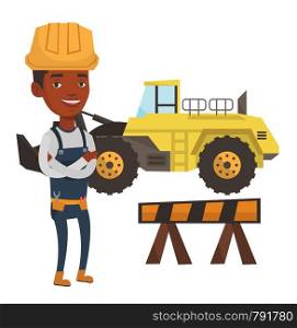 African-american builder standing with arms crossed. Confident builder in hard hat. Young builder in overalls at work on construction site. Vector flat design illustration isolated on white background. Confident builder with arms crossed.
