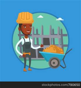 African-american builder with thumb up standing on the background of construction site. Young builder in hard hat giving thumb up. Vector flat design illustration in the circle isolated on background.. Builder giving thumb up vector illustration.