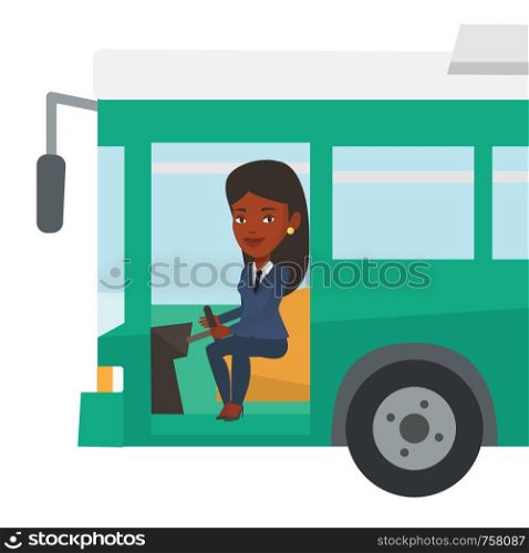 African-american bus driver sitting at steering wheel. Young driver driving passenger bus. Bus driver sitting in drivers seat in cab. Vector flat design illustration isolated on white background.. African bus driver sitting at steering wheel.