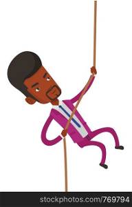 African-american business man climbing on the rock. Brave business man climbing on the mountain using rope. Concept of business challenge. Vector flat design illustration isolated on white background.. Business man climbing on the mountain.