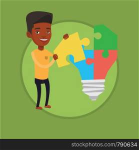 African-american business man completing a light bulb made of puzzle. Business man inserts the missing puzzle in the light bulb. Vector flat design illustration in the circle isolated on background.. Man having business idea vector illustration.