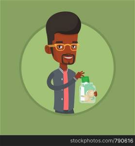 African-american business man holding money box with coins and banknotes. Young business man putting dollar money into money box. Vector flat design illustration in the circle isolated on background.. Business man putting dollar into money box.