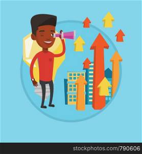 African-american business man looking through spyglass at arrows going up and idea bulb. Business man looking for creative idea. Vector flat design illustration in the circle isolated on background.. Man looking through spyglass on raising arrows.
