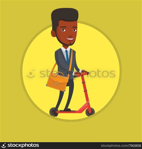 African-american business man riding a kick scooter. Business man riding to work on kick scooter. Business man on a kick scooter. Vector flat design illustration in the circle isolated on background.. Man riding kick scooter vector illustration.