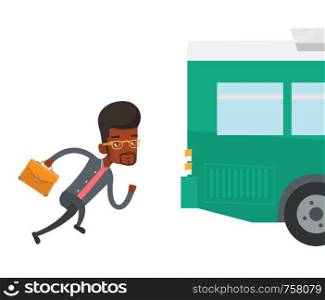African-american business man running for an outgoing bus. Young business man running to catch bus. Latecomer man running to reach a bus. Vector flat design illustration isolated on white background.. Latecomer man running for the bus.
