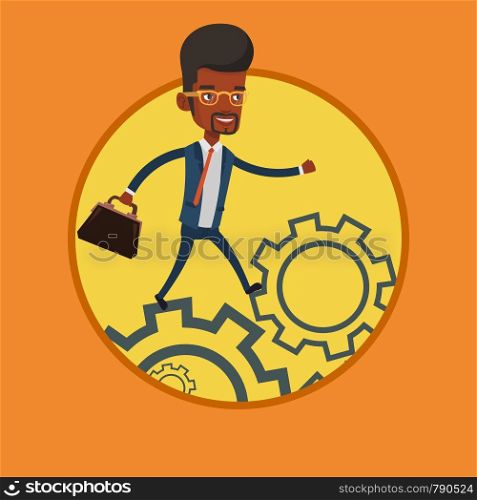 African-american business man running on cogwheels. Business man running to success. Young happy business man running in a hurry. Vector flat design illustration in the circle isolated on background.. Business man running on cogwheels.