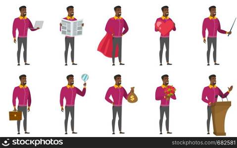 African-american business man showing a red heart. Full length of business man with heart shape. Business man holding a red heart. Set of vector flat design illustrations isolated on white background.. Vector set of illustrations with business people.