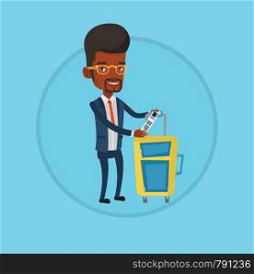 African-american business man showing luggage tag. Business class passenger standing near suitcase with priority luggage tag. Vector flat design illustration in the circle isolated on background.. African-american businessman showing luggage tag.