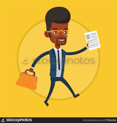 African-american business man with briefcase and a document running. Business man running in a hurry. Businessman running forward. Vector flat design illustration in the circle isolated on background.. Businessman running with briefcase.