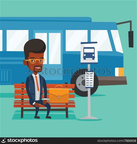African-american business man with briefcase waiting at the bus stop. Young businessman sitting at the bus stop. Businessman sitting on a bus stop bench. Vector flat design illustration. Square layout. Business man waiting at the bus stop.