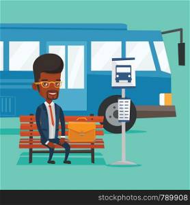 African-american business man with briefcase waiting at the bus stop. Young businessman sitting at the bus stop. Businessman sitting on a bus stop bench. Vector flat design illustration. Square layout. Business man waiting at the bus stop.