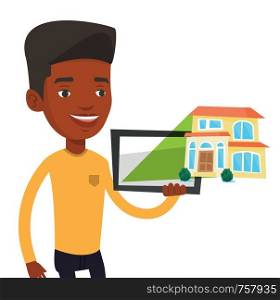 African-american business man with digital tablet showing the photo of the house. Business man looking at house photo on digital tablet. Vector flat design illustration isolated on white background.. Businessman presenting report on tablet computer
