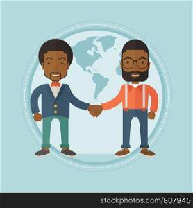 African-american business partners shaking hands. Business partners on a world map background. International business partnership. Vector flat design illustration in the circle isolated on background.. Business partners shaking hands.