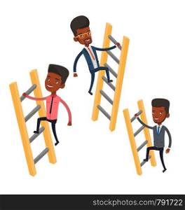 African-american business people climbing the ladders. Businessmen climbing to success. Concept of success and competition in business. Vector flat design illustration isolated on white background.. Business people climbing to success.