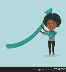African-american business woman changing the path of graph to a positive increase. Young successful business woman holding arrow going up. Vector cartoon illustration. Square layout.. African business woman holding arrow going up.