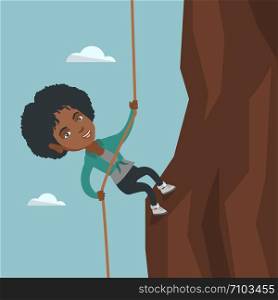 African-american business woman climbing the rock. Young business woman using a rope to climb on the top of the mountain. Concept of business challenge. Vector cartoon illustration. Square layout.. African business woman climbing the mountain.