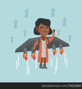 African-american business woman flying with a jet backpack. Young happy business woman flying on the rocket. Business start up and business launch concept. Vector cartoon illustration. Square layout.. Business woman flying on the rocket to success.