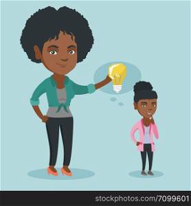 African-american business woman giving idea lightbulb to her partner. Young woman holding idea lightbulb over head of her collegue. Business idea concept. Vector cartoon illustration. Square layout.. Business woman giving idea bulb to her partner.