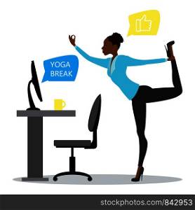 African american business woman in a yoga pose in the office at work,yoga break, Cartoon stock vector illustration. African american business woman in a yoga pose in the office at
