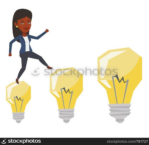 African-american business woman jumping on idea bulbs. Smiling business woman in a suit hopping onto idea bulbs. Concept of business idea. Vector flat design illustration isolated on white background.. Business woman jumping on idea bulbs.