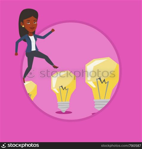 African-american business woman jumping on idea bulbs. Business woman hopping onto idea light bulbs. Concept of business idea. Vector flat design illustration in the circle isolated on background.. Business woman jumping on light bulbs.