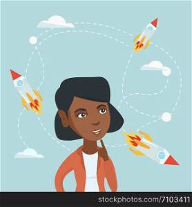 African-american business woman looking at flying start up rockets. Young woman came up with an idea for a business start up. Business start up concept. Vector cartoon illustration. Square layout.. African business woman looking at flying rockets.