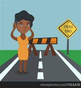 African-american business woman looking at road sign dead end symbolizing business obstacle. Young woman facing business obstacle. Business obstacle concept. Vector cartoon illustration. Square layout. Business woman looking at road sign dead end.