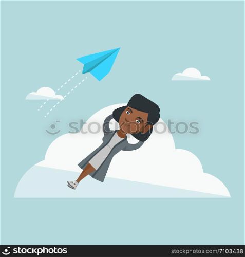 African-american business woman lying on the cloud and looking at flying paper plane. Young business woman relaxing on the cloud. Vector cartoon illustration. Square layout.. Young african business woman lying on cloud.