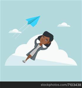 African-american business woman lying on the cloud and looking at flying paper plane. Young business woman relaxing on the cloud. Vector cartoon illustration. Square layout.. Young african business woman lying on cloud.