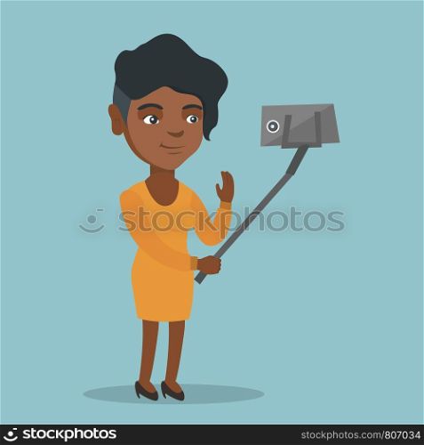 African-american business woman making selfie with help of a selfie-stick. Young smiling woman taking selfie photo with a mobile phone and waving her hand. Vector cartoon illustration. Square layout.. Young african-american woman making selfie.